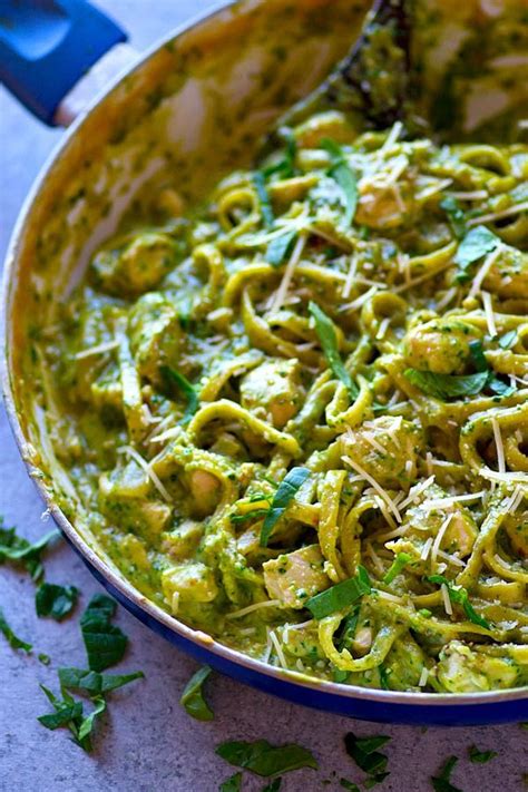 Creamy Flavorful Chicken Basil Pesto Fettuccine Alfredo Is Made