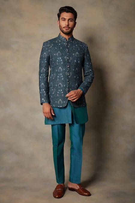 Buy Blue Linen Embroidered Floral Bandhgala And Kurta Set For Men By