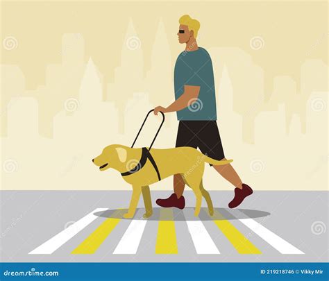 Joven Ciego Con Perro Guía Vector Plano Ilustración De Stock Con Guía