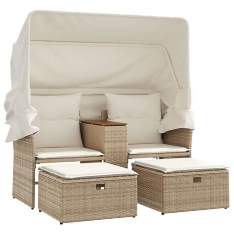 Canap De Jardin Places Avec Auvent Et Tabourets Beige Rotin