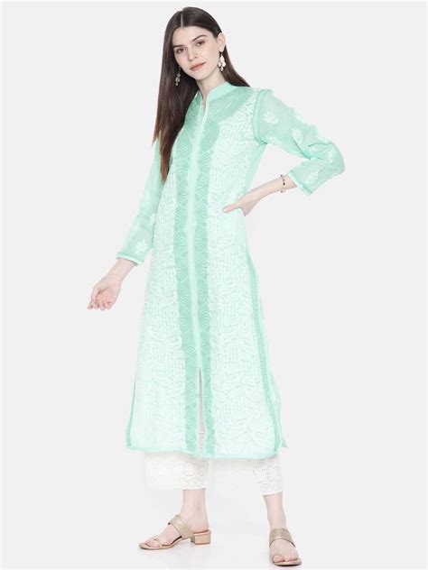 Ada Hand Embroidered Sea Green Cotton Lucknow Chikan Women Kurta