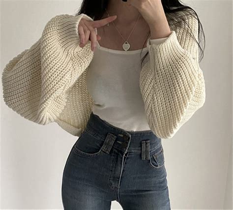 Chunky Cropped Knitted Cardigan Long Sleeves Arm Warmer Y2k Etsy