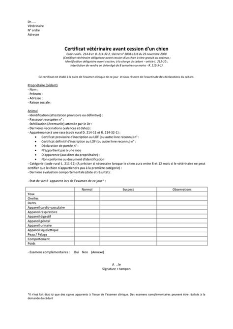 Model De Certificat V T Rinaire Avant Cession D Un Chien Doc Pdf