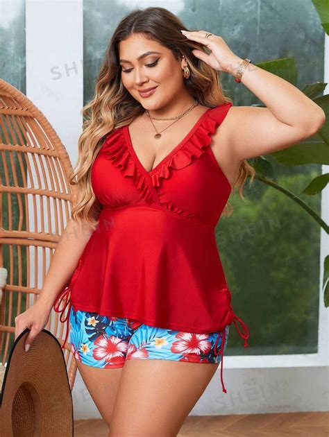 Shein Swim Lushore Plus Size Solid Color Ruffle Trimmed Cami Top