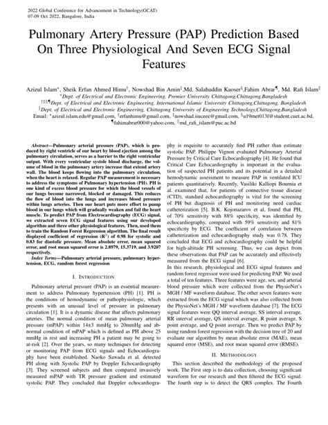 Pdf Pulmonary Artery Pressure Pap Prediction Based On Three