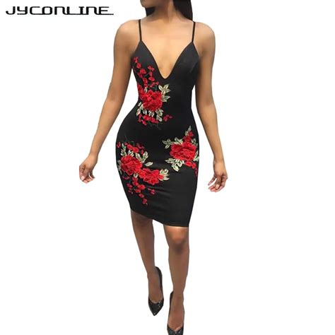 Jyconline Sexy Summer Dress 2017 Deep V Neck Flower Embroidery Dress Spaghetti Strap Evening