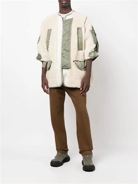 Sacai Crop Sleeve Panelled Shearling Coat In Nude ModeSens