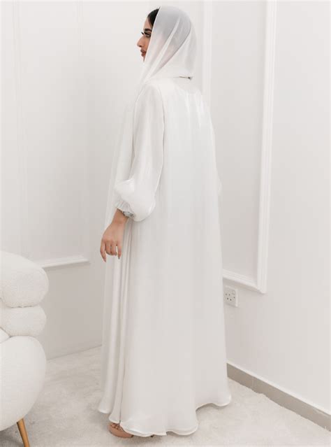 SHE21 Abaya Description White Shiny Organza Abaya With Ribbon And