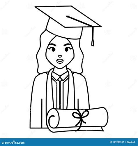 Graduated Girl With Certificate Back View Hand Drawn Illustration