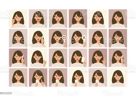 Face Expressions Of Woman Different Female Emotions And Poses Set Stock