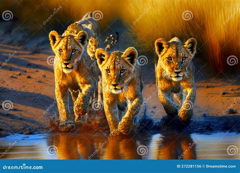 Predators Little Lion Cubs Going To Watering Hole Stock Illustration ...