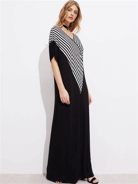 V Neckline Striped Panel Kaftan Dress Shein Sheinside