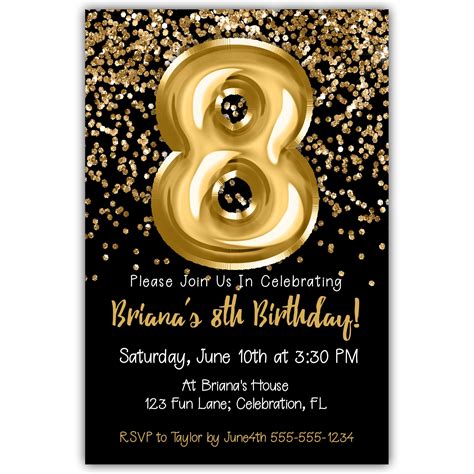 8th Birthday Invitation Gold Balloons Glitter On Black Birthday Party