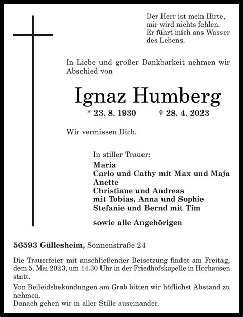 Traueranzeigen Von Ignaz Humberg Rz Trauer De