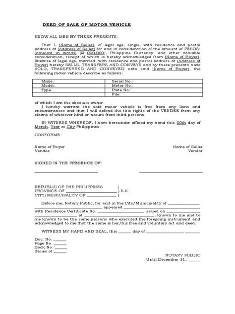 Deed Of Sale Of Motor Vehicle Template Pdf Natural Resources Law Property Law