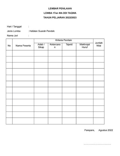 Lembar Penilaian Lomba LOMBA 17an MA DDI TAQWA TAHUN PELJARAN 2022