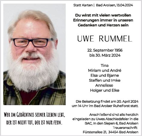 Traueranzeigen Von Uwe Rummel Trauer Wlz Online De