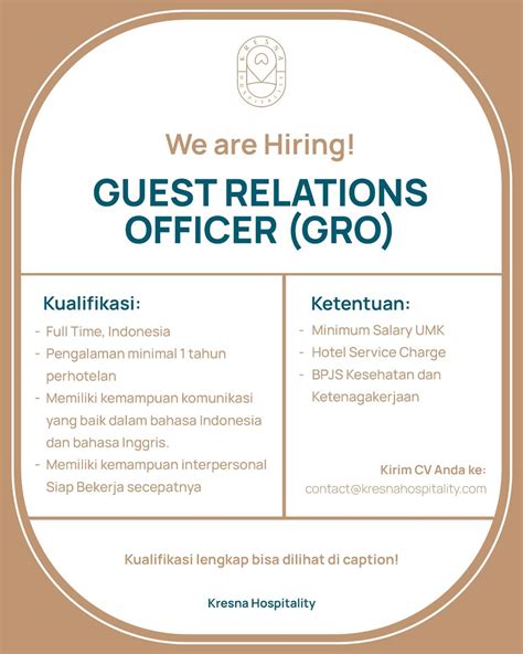 Lowongan Kerja Sebagai Guest Relations Officer Gro Untuk Kresna