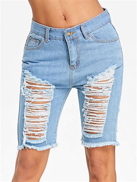 38 OFF High Waist Distressed Denim Shorts Rosegal