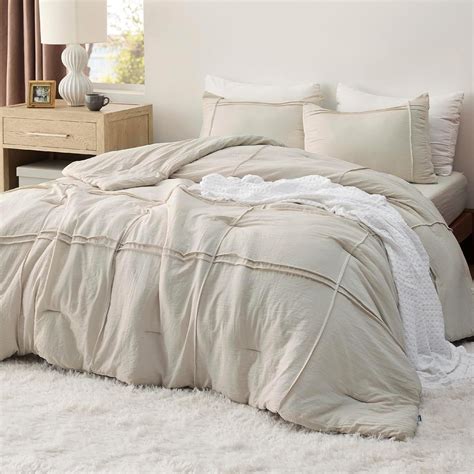 Cozy Comfort Queen Comforter Set With Sheet 4 Pieces Soft Beige Bedding Sets Grid Pinch Pleat