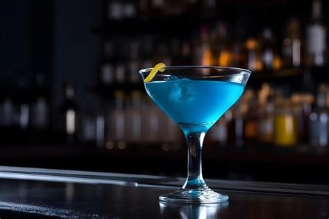 Premium AI Image | A blue cocktail with ice cubes on the bar