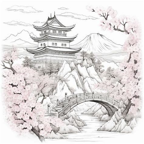 Premium AI Image | a drawing of a japanese castle with a bridge and cherry blossoms generative ai