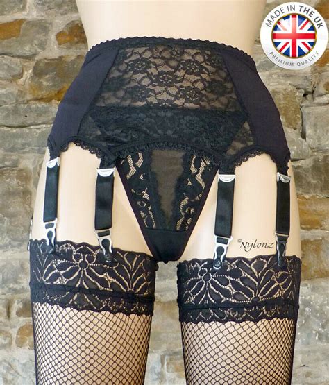 8 Strap Luxury Lace Front Suspender Belt Black Garter Belt Nylonz 🇬🇧