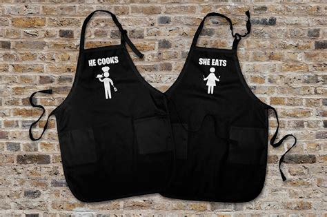 Couples Apron Set Funny Matching Aprons He Cooks She Eats Etsy