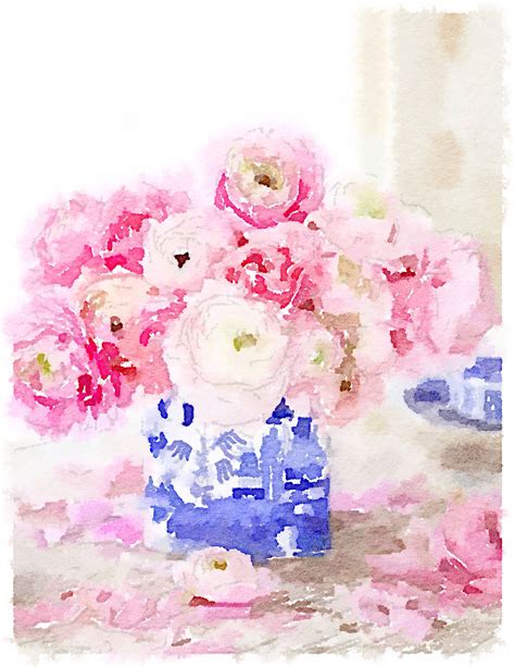 A Watercolor Painting Of Pink Flowers In A Blue And White Vase On A Table