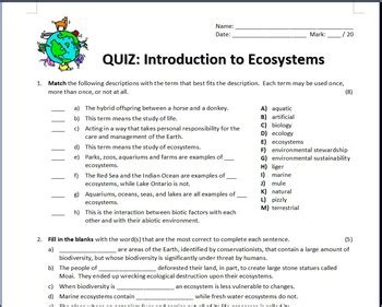 Ecosystems Quiz Editable By Tangstar Science TPT