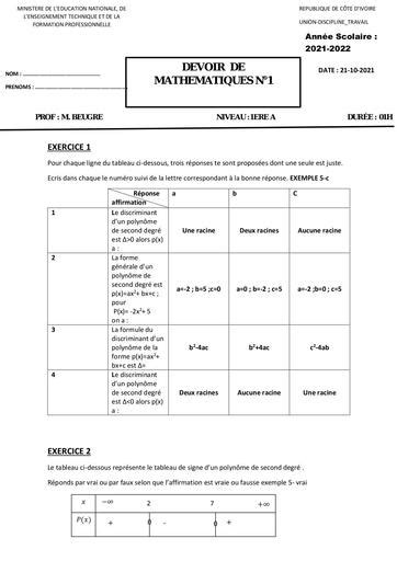 Devoir N1 de Maths 1ère A Trimestre by Tehua