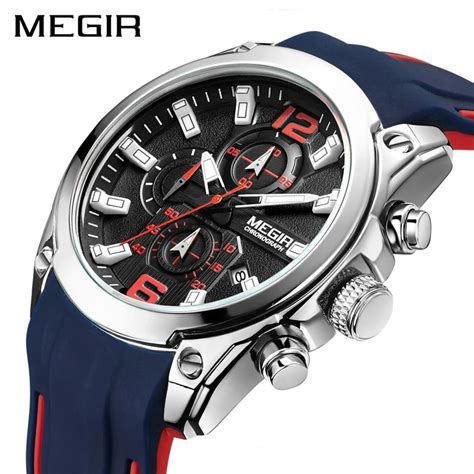 Mens Chronograph Watch Megir Stainless Steel Black Sport Watch Men