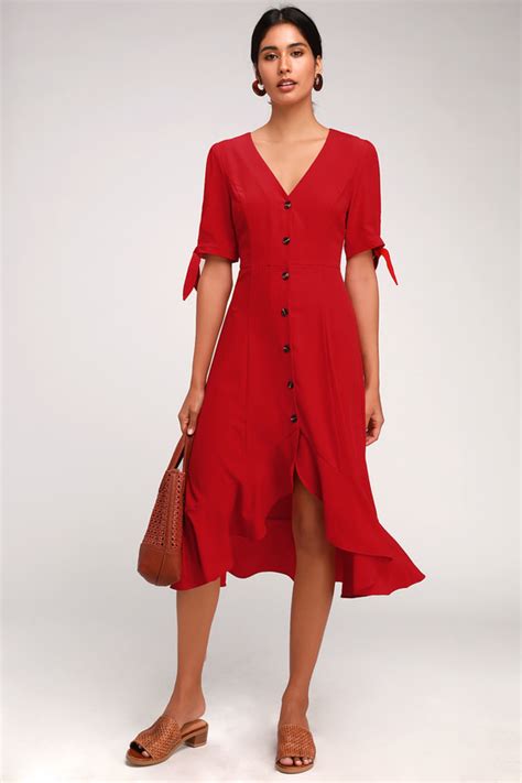 Chic Red Midi Dress Button Front Dress Short Sleeve Dress Lulus