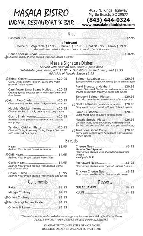 Menu at Masala Indian Bistro pub & bar, Myrtle Beach