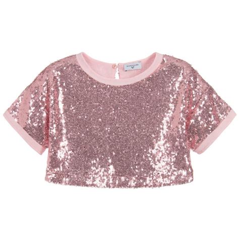 Girls Pink Cropped Top By Monnalisa Made In Soft Mesh Covered With Light Catching Pink Sequins