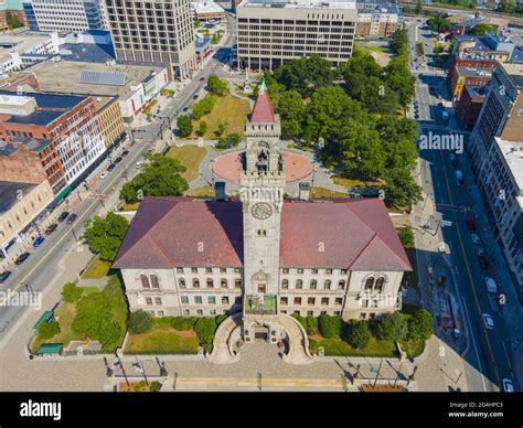 Aerial view of Worcester historic center including Worcester City Hall on Main Street with ...