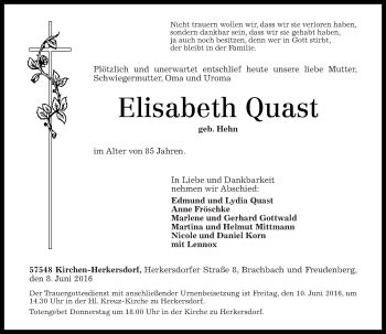 Traueranzeigen Von Elisabeth Quast Rz Trauer De