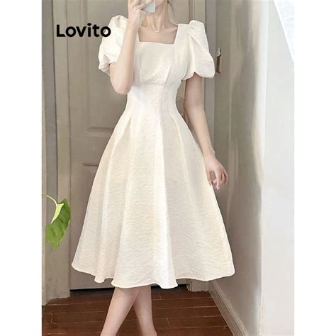 Lovito Vestido Casual Plissado Liso Para Mulheres Lne Branco