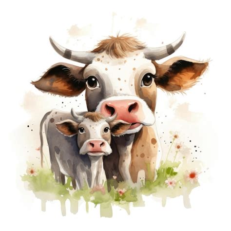 Ilustración en acuarela de una familia de vacas madre vaca y ternero