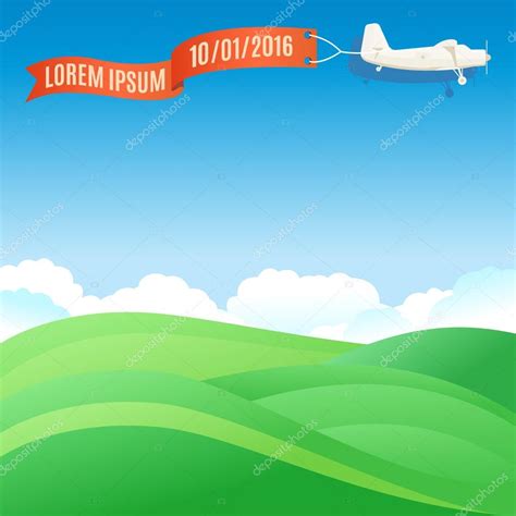 Flying Vintage Plane With Banner And Green Grassy Hills Vector Stock