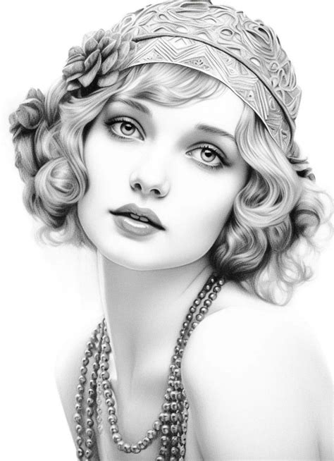 A Black And White Drawing Of A Woman With Pearls On Her Head Wearing A