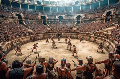 Gladiators Fighting In Ancient Arena Surrounded By Cheering Crowds Premium Ai Generated Image