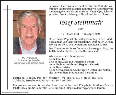 Traueranzeigen Von Josef Steinmair Trauer Bz