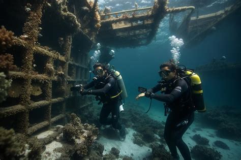 Premium Photo Two Scuba Divers Explore The Wreck Of The Kudimaa Ship Sunk In The Maldives