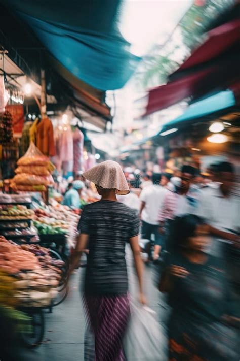 A Blurry Picture Of A Person Walking Down A Street Market Ai