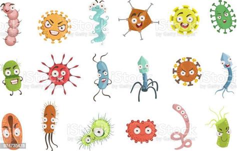 바이러스 및 Bacterria 만화 캐릭터 설정 세포에 대한 스톡 벡터 아트 및 기타 이미지 세포 과학 귀여운 Istock