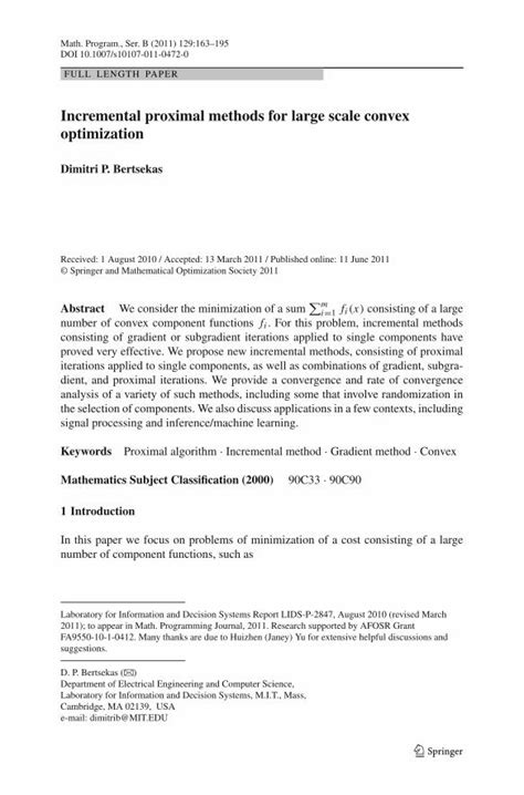 PDF Incremental Proximal Methods For Large Scale Convex Optimization