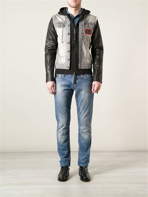 Philipp Plein Denim And Leather Jacket In Gray For Men Lyst