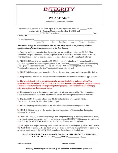 Free Printable Pet Addendum Templates PDF Word Lease