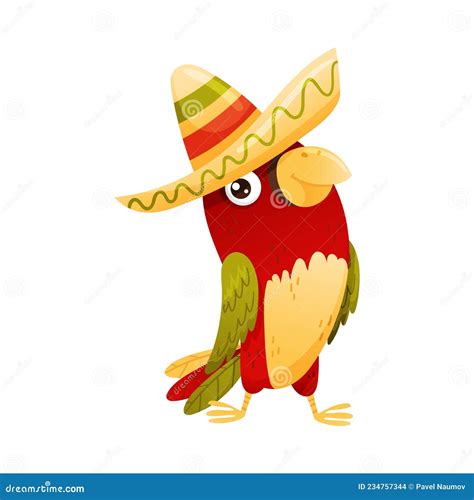 Cute Funny Parrot In Sombrero Hat Mexican Culture Symbol Cartoon